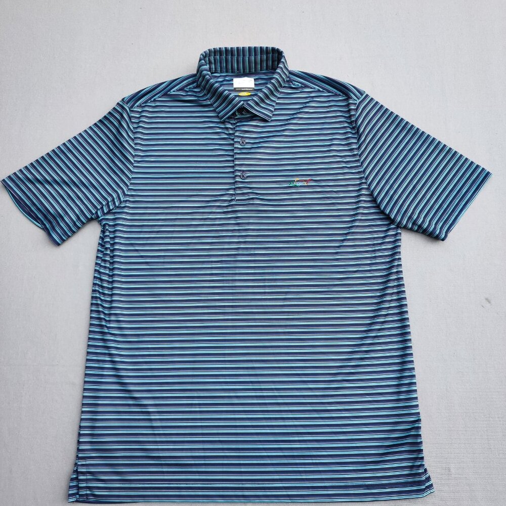 Greg Norman Golf Polo Shirt men size M blue colour classic bar stripe shark polo